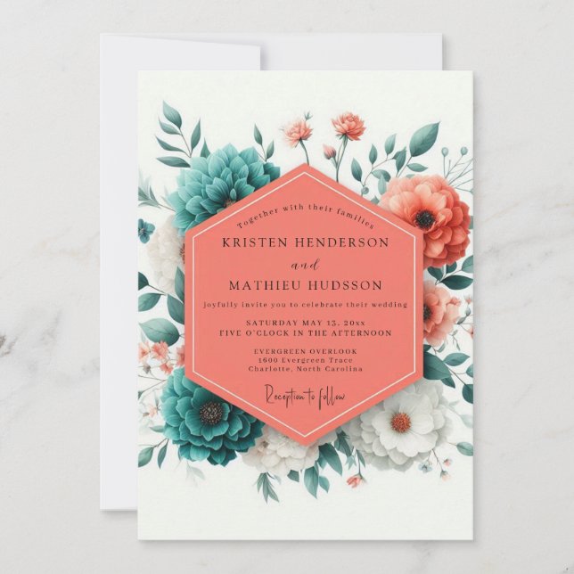 Convites Coral Viridian Artful Bloom Wedding (Frente)