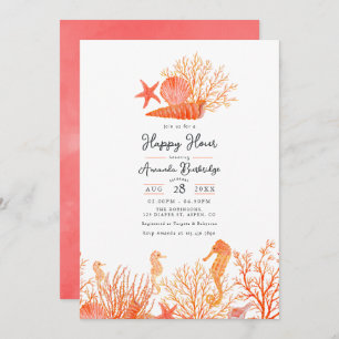 Convites Coral Vivo De Aquarela Sob A Hora Feliz Do Mar