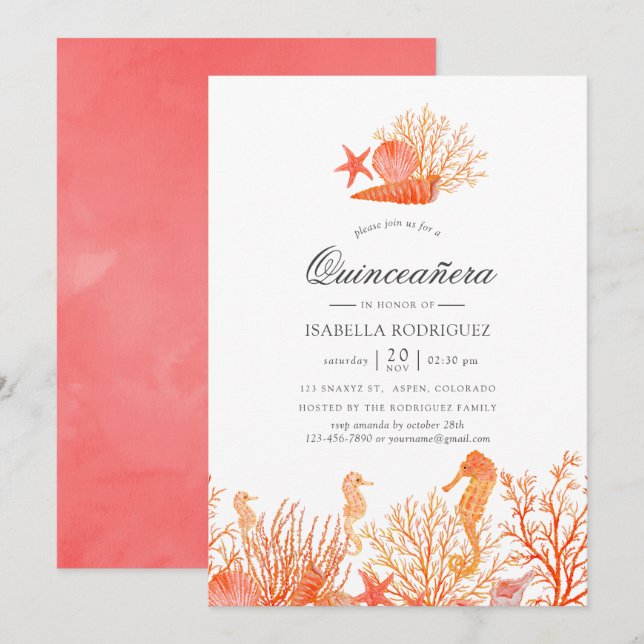 Convites Coral Vivo Debaixo do Mar Quinceañera (Frente/Verso)