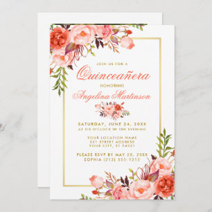 Convites Coral Watercolor Quinceanera Floral Foto Dourada