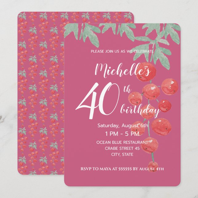 Convites Corante Vermelho Berries Aquarela, pintado à mão (Frente/Verso)