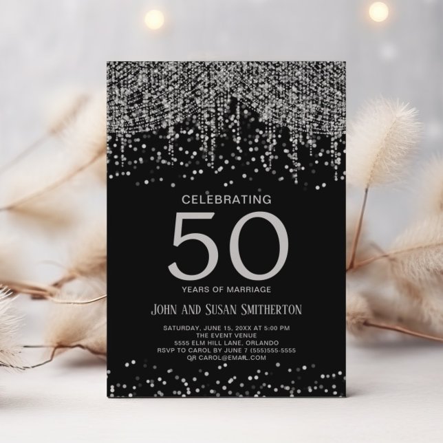 Convites Corda de Prata - Brilho Claro Preto 50º Aniversári (Elegant silver and black 50th anniversary invitation)