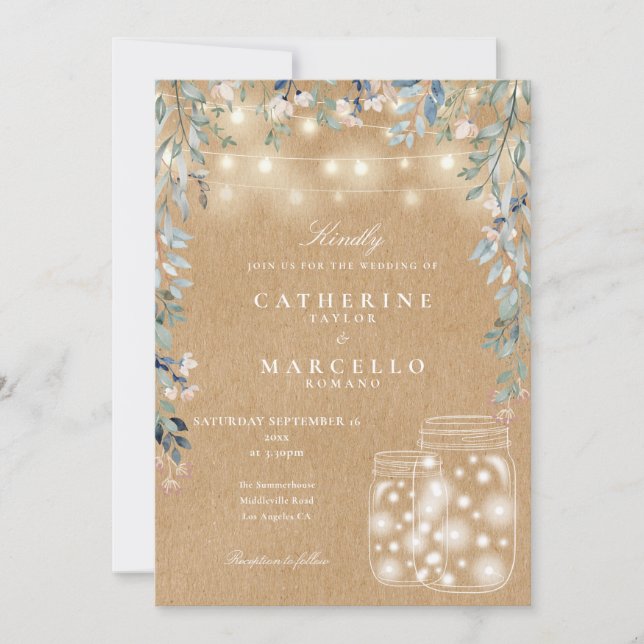 Convites Corda Floral Light Mason Jar Rustic Kraft Casament (Frente)