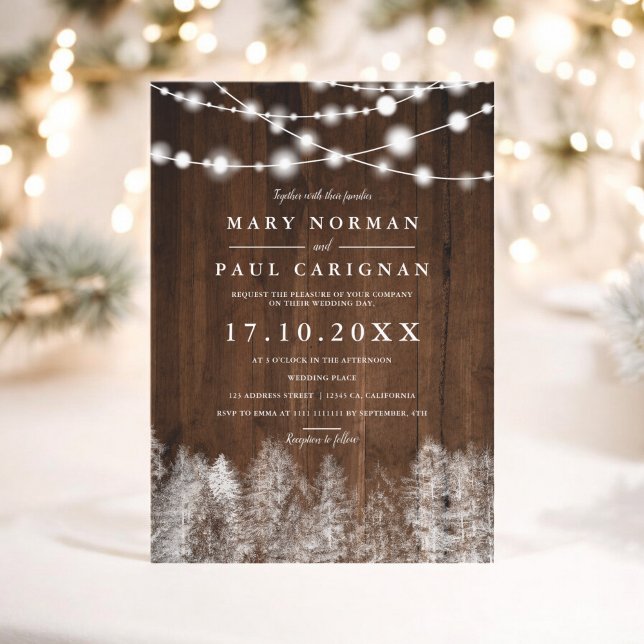 Convites Corda russa de inverno acende casamento florestal (Rustic wood winter string lights forest wedding invitation)