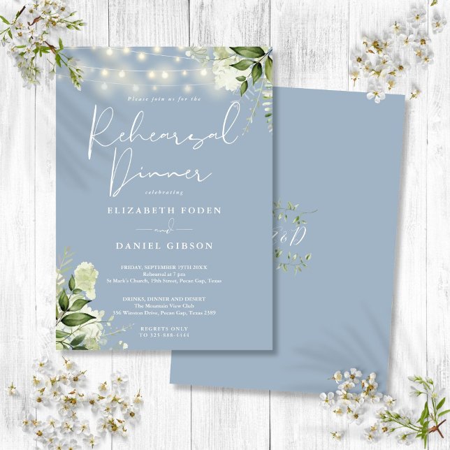 Convites Corda Verde Luz Janto de ensaio azul empoeirado (Greenery String Lights Dusty Blue Rehearsal Dinner Invitation)