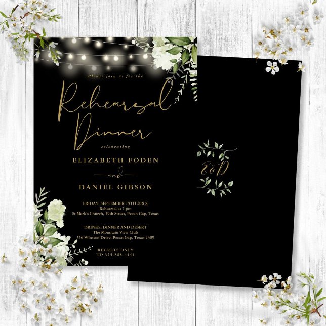 Convites Corda Verde Luzes Douradas Janto de ensaio preto (Greenery String Lights Black Gold Rehearsal Dinner Invitation)