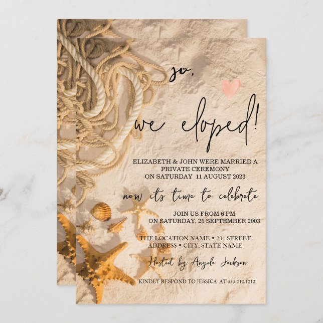 Convites Cordão de Conchas Casamento Fuga à Praia   (Frente/Verso)