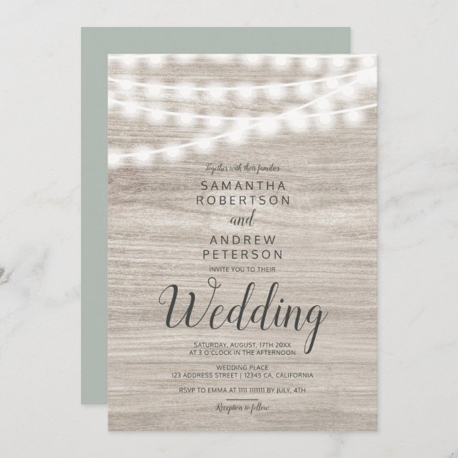 Convites Cordas de madeira russa marrom luzes simples casam (Frente/Verso)
