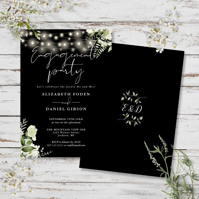 Convites Cordas Florais Luzes brancas pretas Festa de noiva (Floral String Lights Black White Engagement Party Invitation)