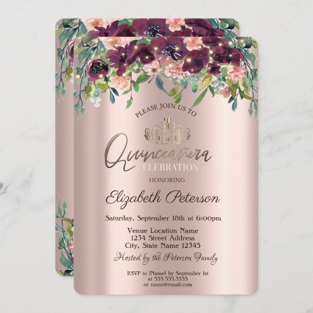 Convites Cordas Luzes Borgonha Flores Rosas Quinceañera (Frente/Verso)