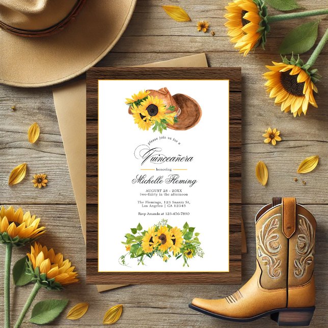 Convites Cores Aquáticas Cinto Ocidental Russo de Girassol (Watercolor Sunflower Rustic Western Quinceañera Invitation)