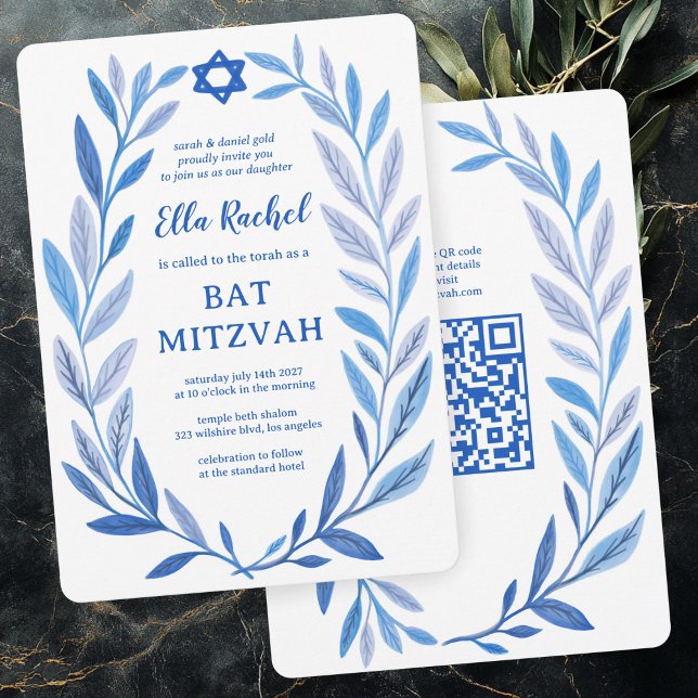 Convites Cores d'água botânicas PERSONALIZADAS Bar QR Bat M (Botanical Watercolor CUSTOM QR Bar Bat Mitzvah Invitation
)