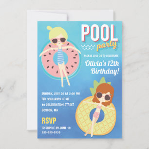 Convites Cores d'água de Festa de Piscina   Aniversário da 