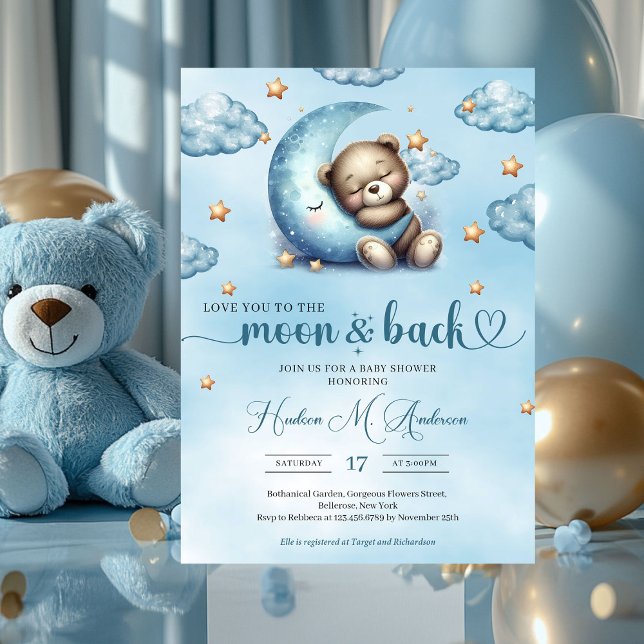 Convites Cores-d'água, sonolento, bebê urso azul, estrelas  (love you to the moon and back - boy baby shower invitation)