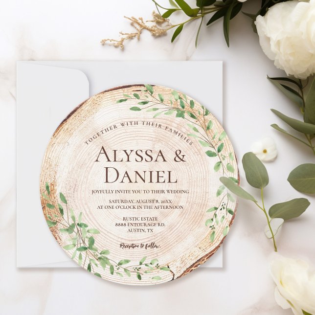 Convites Cores de água botânica Greenery Wood Slice Rustic (Botanical rustic wood slice wedding round invitation)