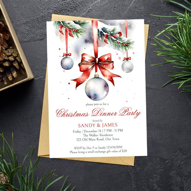 Convites Cores de água tradicionais do janto de Natal (Christmas dinner party template invitation instant download traditional red ribbon snowy pines)