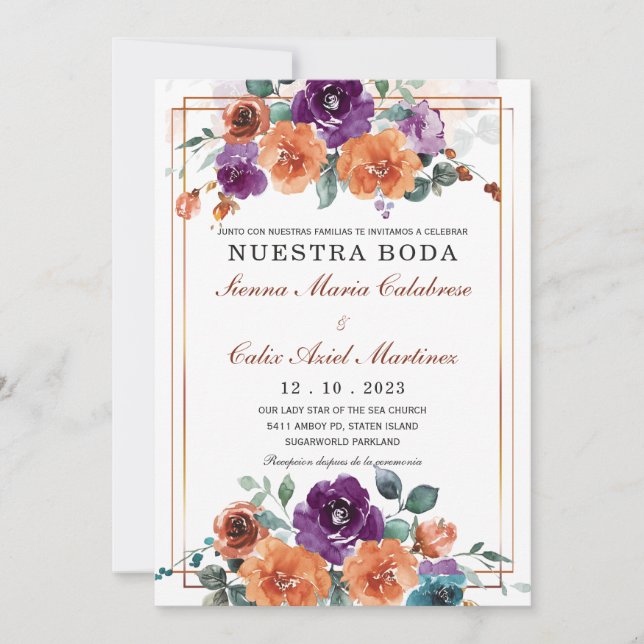 Convites Cores de casamento roxo e laranja queimado (Frente)
