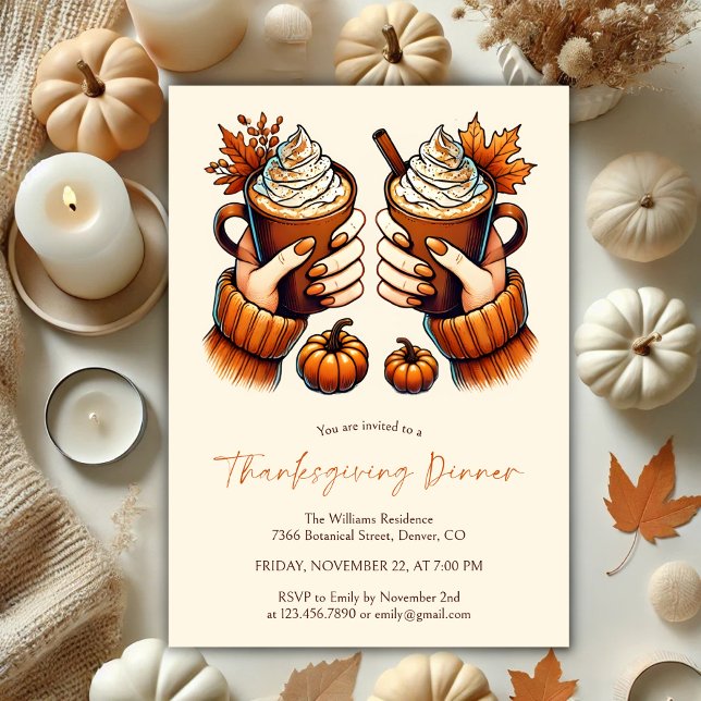 Convites Cores de queda Pumpkin Spice Janto de Ação de Graç (Cozy Watercolor Fall Colors Pumpkin Spice Latte Thanksgiving Dinner Invitation)