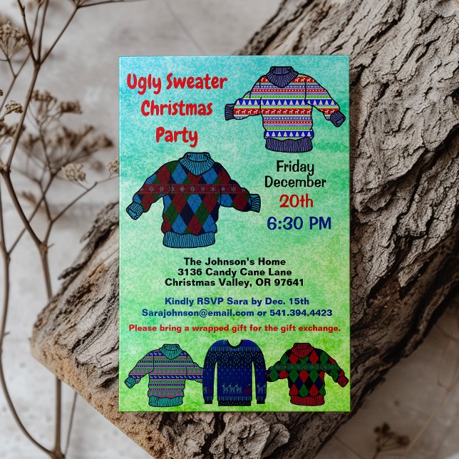 Convites Cores Filtradas de Festa de Natal Feia (Ugly Sweater Christmas Party Greanleaf Colors Invitation cover)