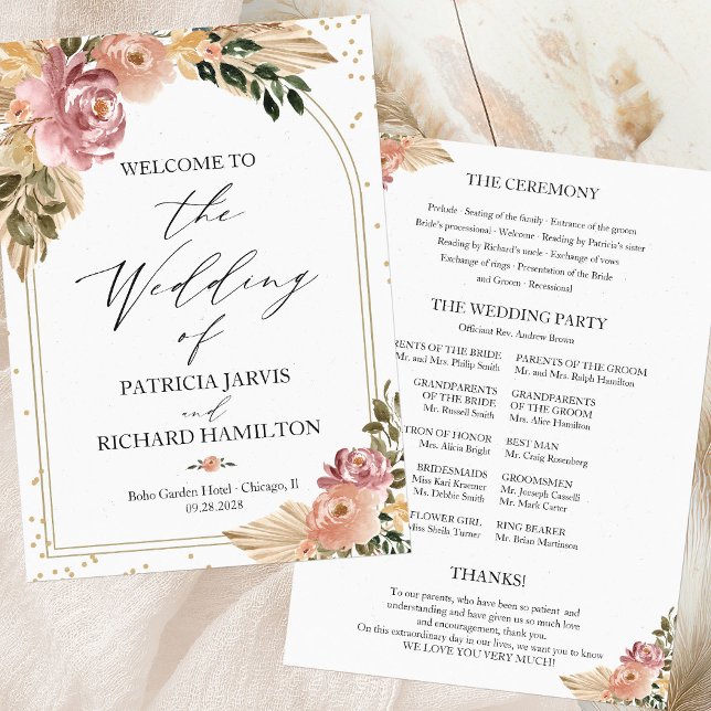 Convites Cores Neutras Programa de Casamento Floral Boho (Criador carregado)