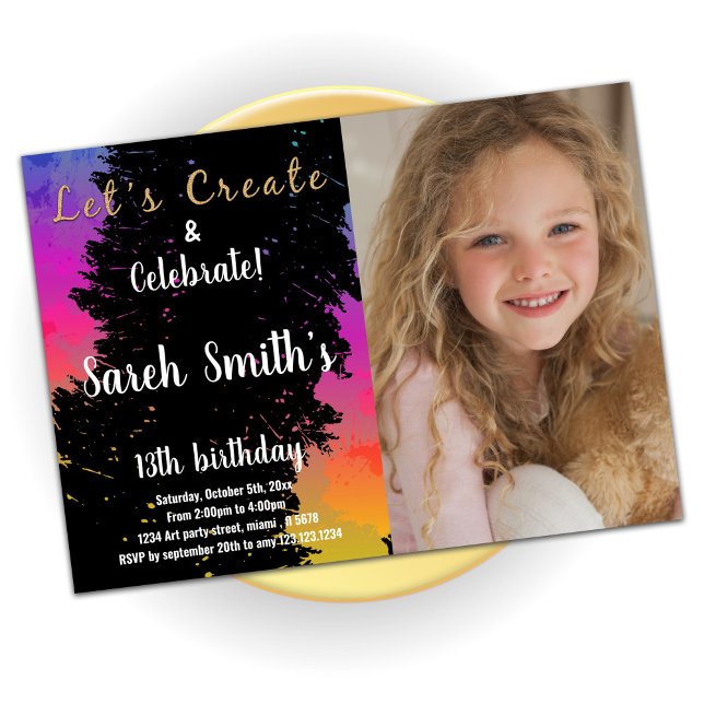 Convites Cores Pretas Rosa Pintam Aniversário Com Foto (Criador carregado)