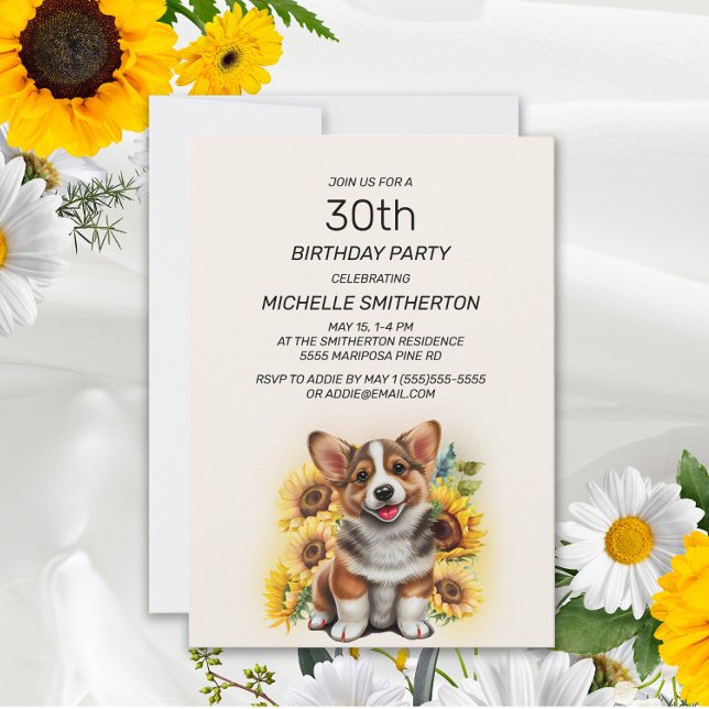 Convites Corgi Fofo Cachorro Girassóis 30º Aniversário (Criador carregado)