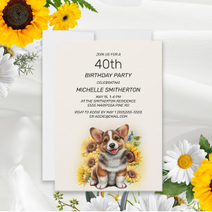 Convites Corgi Fofo Cachorro Girassóis 40º Aniversário