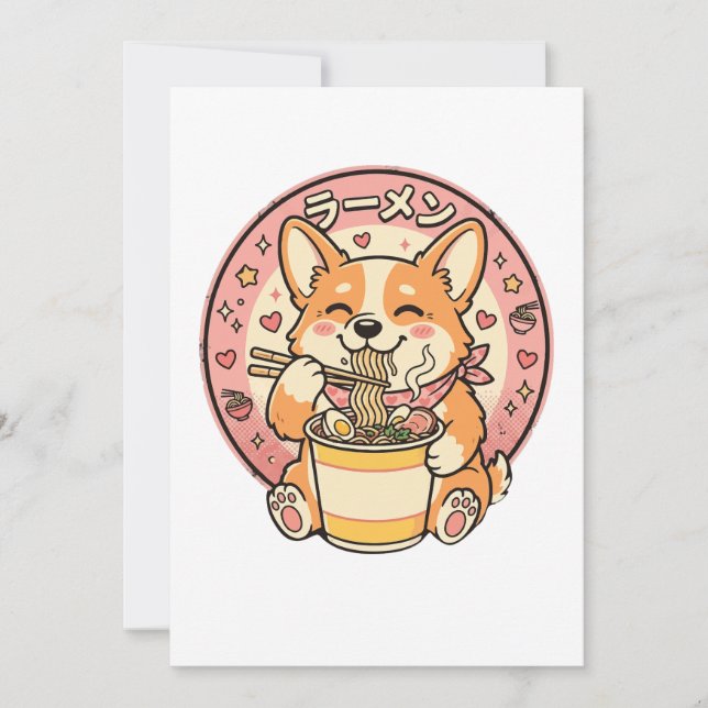 Convites Corgi Fofo Comendo Ramen Kawaii Macarrão Japonês (Frente)