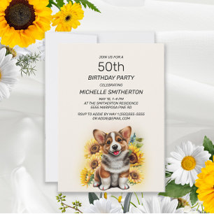 Convites Corgi Fofo Girassóis 50º Aniversário