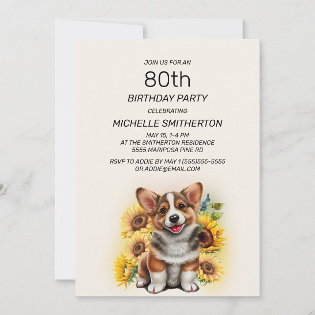 Convites Corgi Fofo Girassóis 80º Aniversário (Frente)