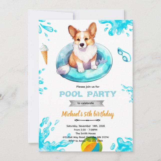 Convites Corgi pool party Invite (Frente)