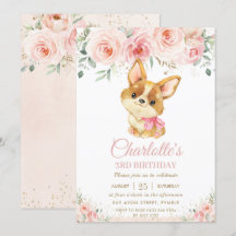 Corgi Puppy Dog Blush Pink Floral Girl Birday