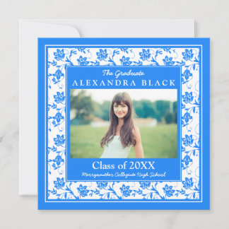 Convites Cornflower Blue Damask Floral Photo Graduação