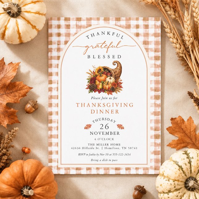 Convites Cornucópia de Aquarela de Outono em Xadrez para o  (Autumn Watercolor Cornucopia Gingham Thanksgiving Invitation)
