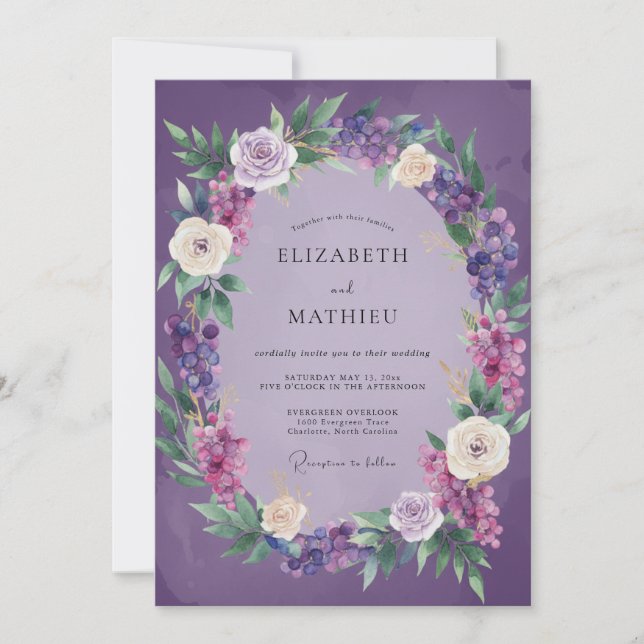 Convites Coroa Artística de Lavanda para Casamento (Frente)