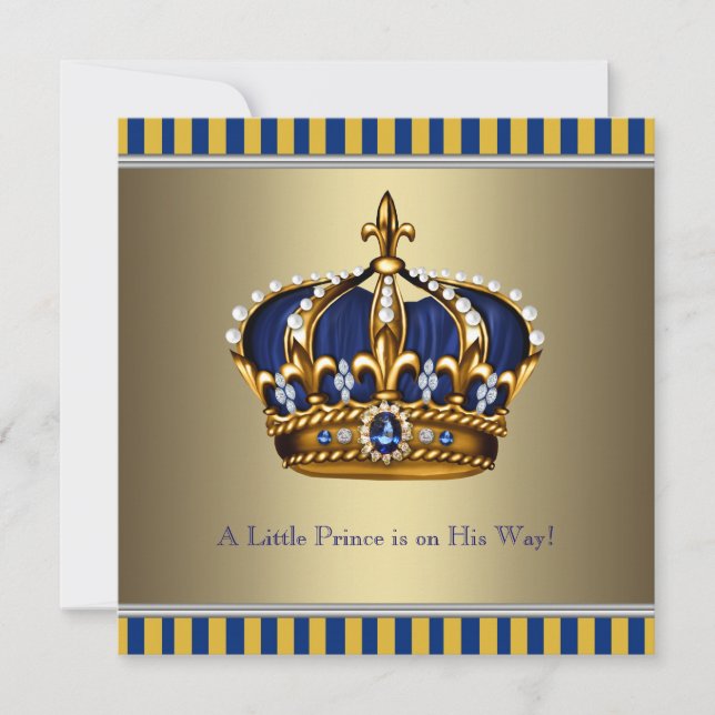Convites Coroa Azul Dourada Pequeno Príncipe Chás de Bebê (Frente)