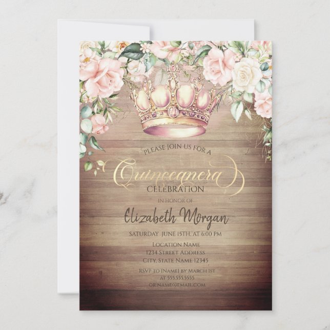 Convites Coroa Boho Rosas Madeira Quinceañera (Frente)