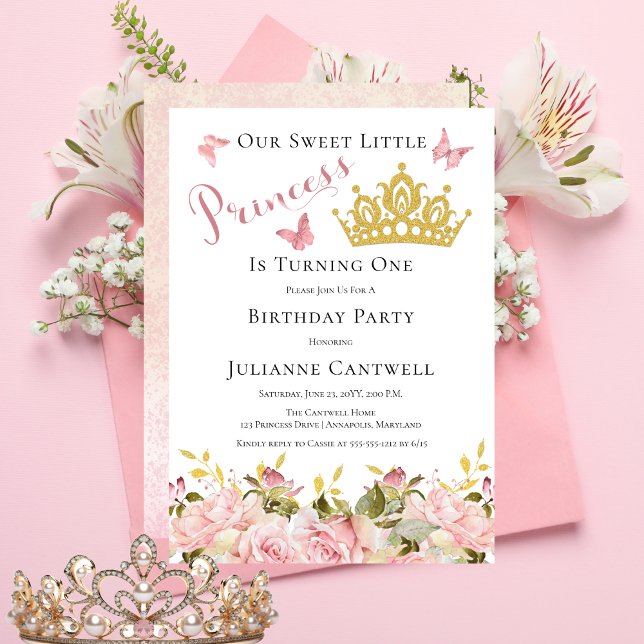 Convites Coroa | Borboletas Princesa Floral primeiro aniver ("Princess" Pink Rose Floral | Butterflies | Gold Crown Girl's 1st Birthday Party Invitation)