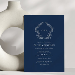 Convites Coroa Botânica Azul Marinho Casamento Clássico