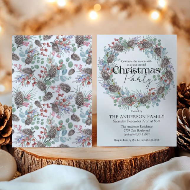 Convites Coroa Botânica de Natal em Aquarela para Festa (Criador carregado)