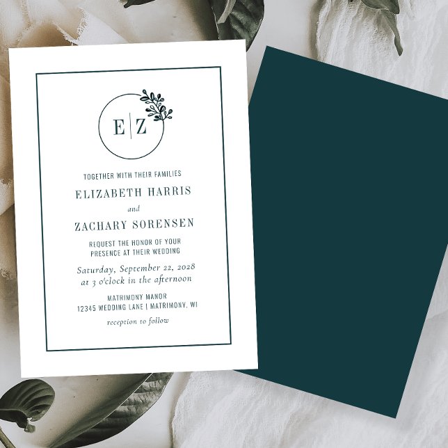 Convites Coroa Botânica Monograma Casamento Verde Esmeralda (Criador carregado)