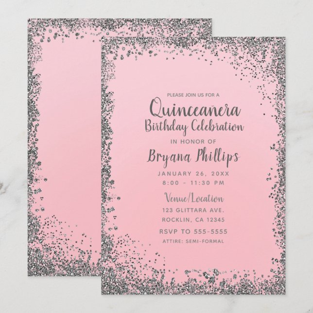 Convites Coroa Brilho Rosa e Prata Quinceañera 15 (Frente/Verso)