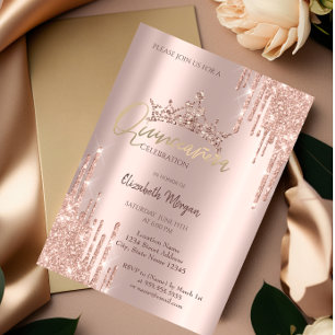 Convites Coroa Caída Brilhante Rosa Dourado Chic Quinceañer