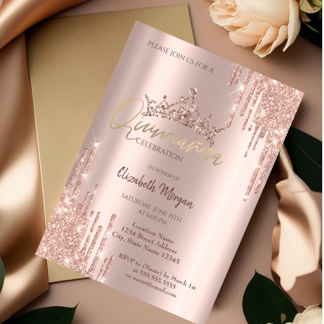 Convites Coroa Caída Brilhante Rosa Dourado Chic Quinceañer (Criador carregado)