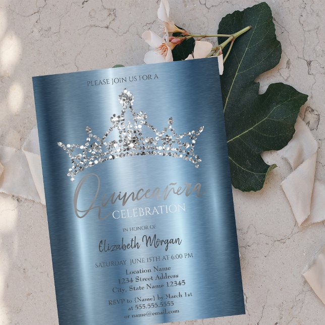 Convites Coroa Chic Azul Metálico Quinceañera (Criador carregado)