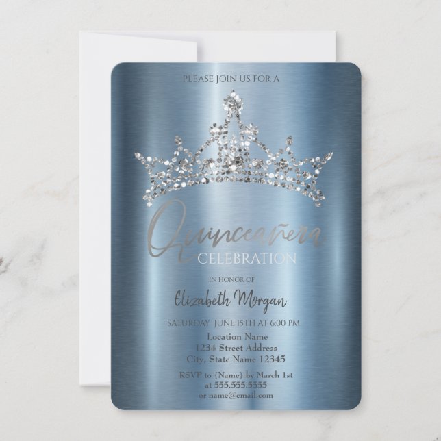 Convites Coroa Chic Azul Metálico Quinceañera (Frente)