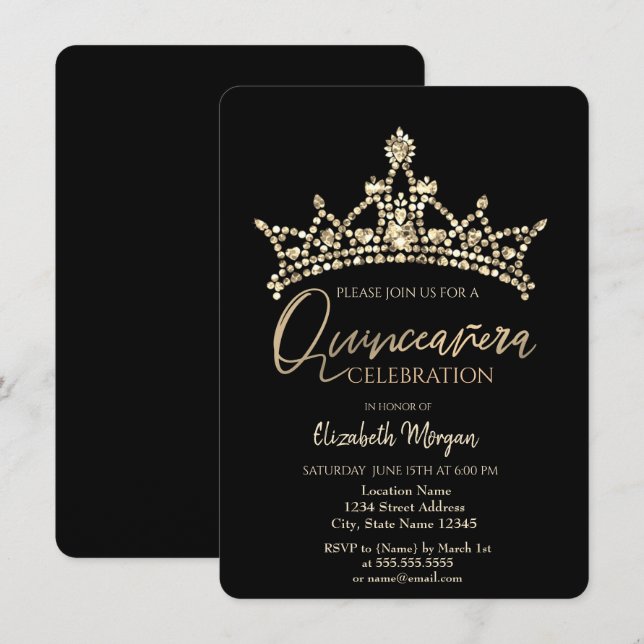 Convites Coroa Chic Confete Preto Quinceañera (Frente/Verso)
