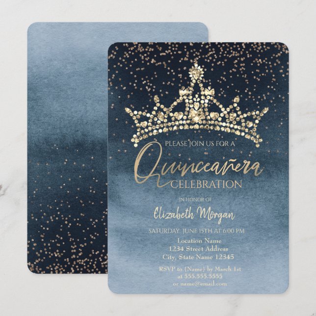 Convites Coroa Chic Confetti Marinho Azul Quinceañera (Frente/Verso)