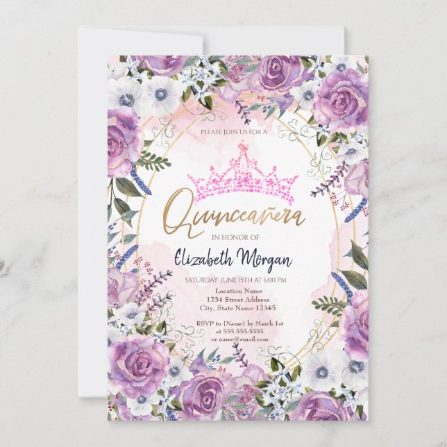 Convites Coroa Chic de Flores Violeta Quinceanera (Frente)