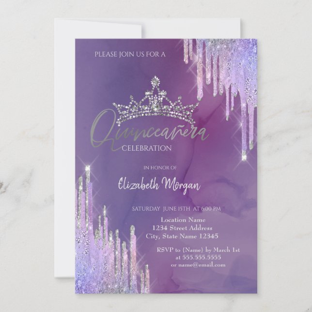 Convites Coroa Chic Glitter Drop Violeta Quinceañera  (Frente)